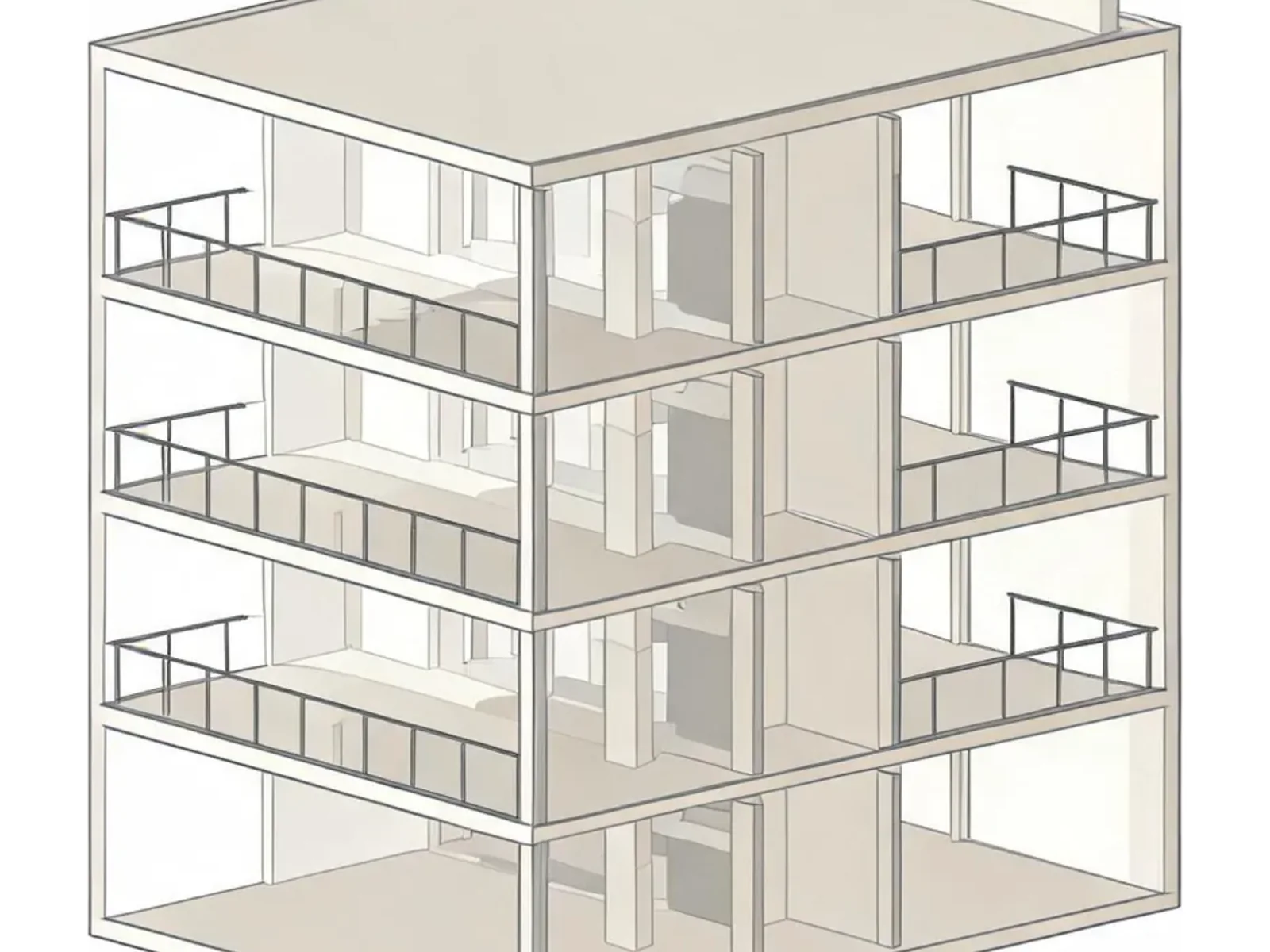 Modelo del edificio con la fachada abierta: losas, columnas, núcleo de circulación y balcones