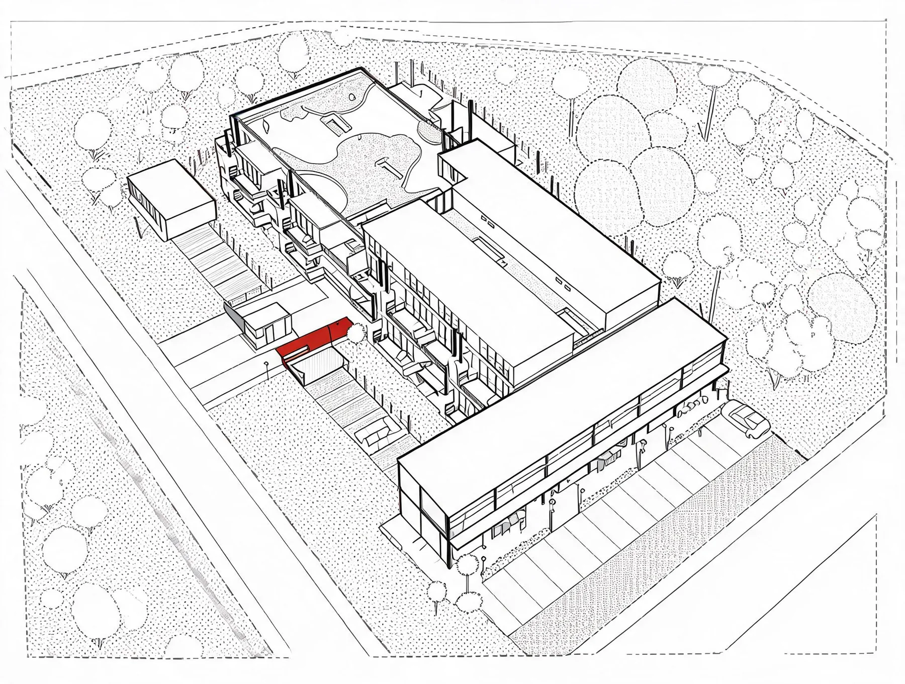 Dibujo axonométrico en línea del conjunto, con el trazado de patios, veredas y forestación
