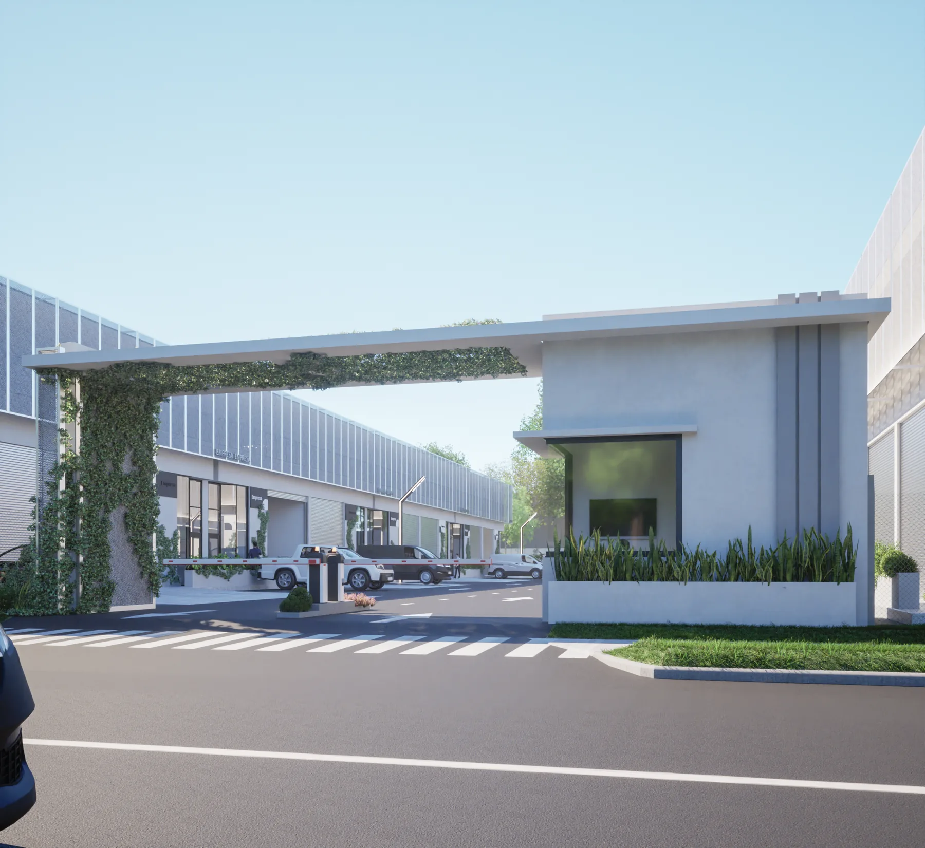 Pórtico de acceso al polo, de día, con la vegetación sobre la estructura